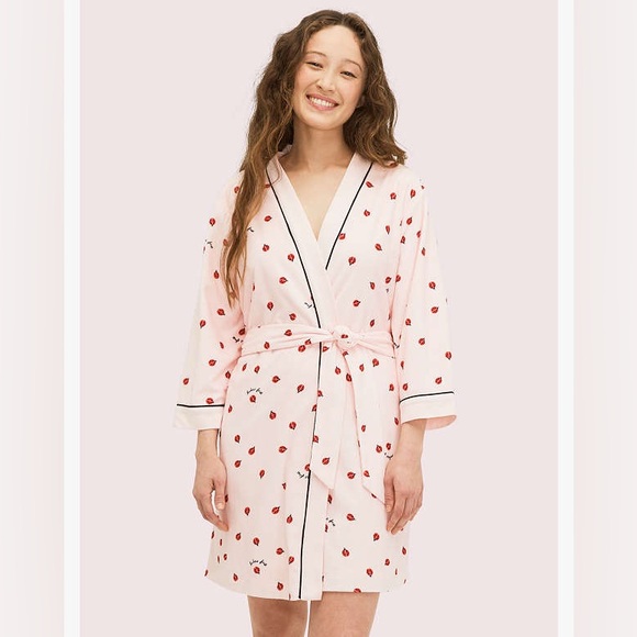 Kate Spade “Ladies First” Pink Ladybug Terry Velour Robe Women’s Size M - Picture 1 of 16